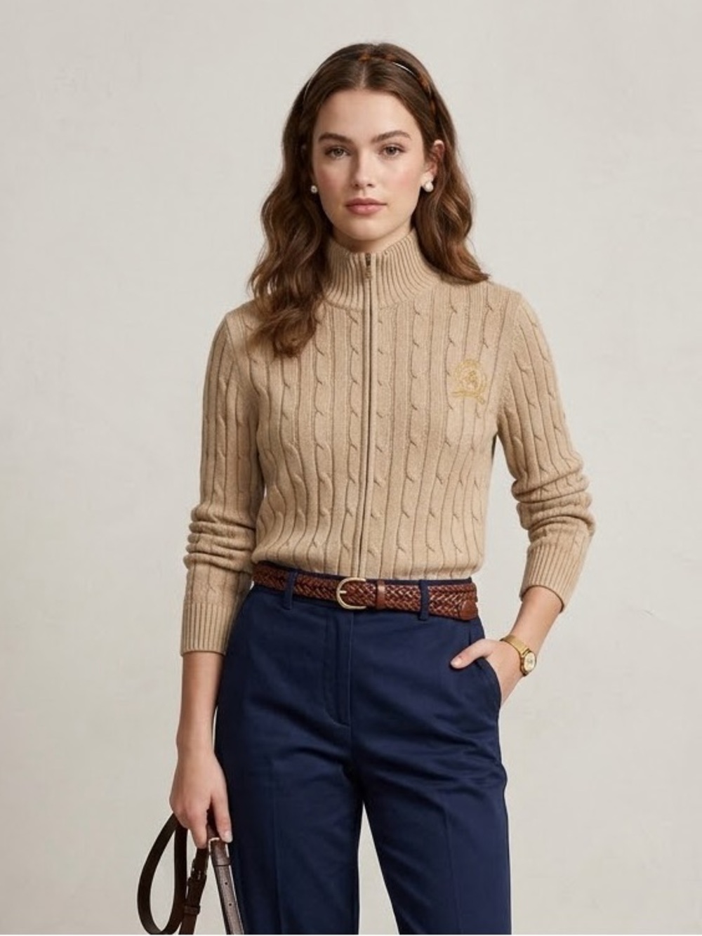 Tommy Hilfiger Cable Knit Mock Neck Cardigan Preppy Collegiate Crested Old Money